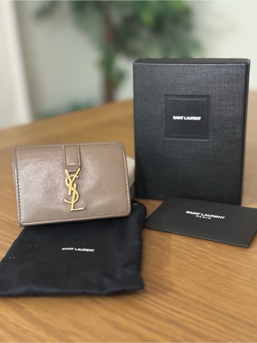 Saint Laurent YSL Compact Trifold Wallet in Taupe Leather